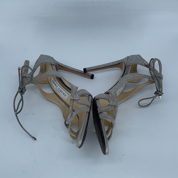 Jimmy Choo Silver Glitter Strappy rhinestone ankle tie peep toe heels 37 - Picture 5 of 9